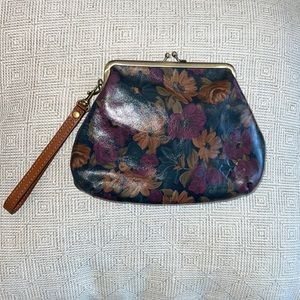 Patricia Nash Savena Wristlet in Peruvian Painting with tan leather strap